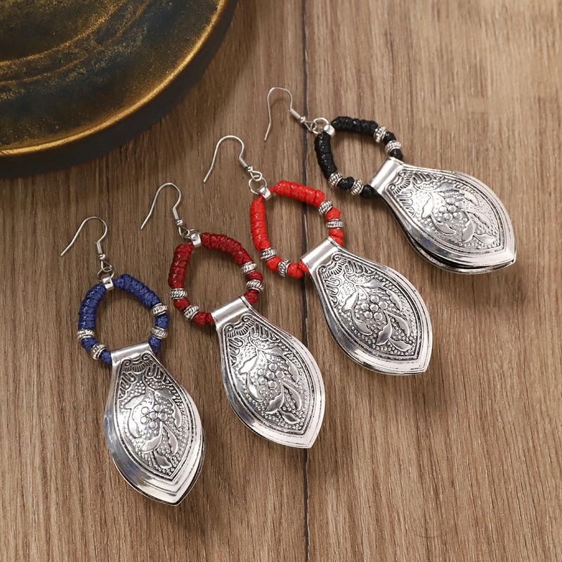 Woven earrings exaggerated Miao silver engraved earrings exotic retro style horse dress long earrings