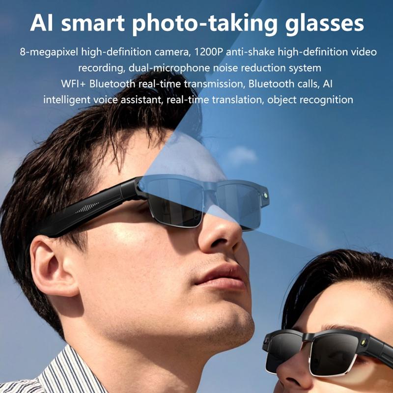 HD 800W Pixels AI Smart Glasses Photochromic Chat GPT Camera Bluetooth Call Voice Assistant Music Player Translation Semi-Rimless UV Protection Unisex