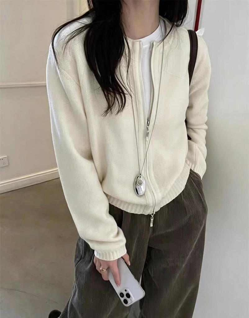 2026 Autumn/Winter Pure Wool Loose Long Sleeve Double Zipper Cardigan Sweater