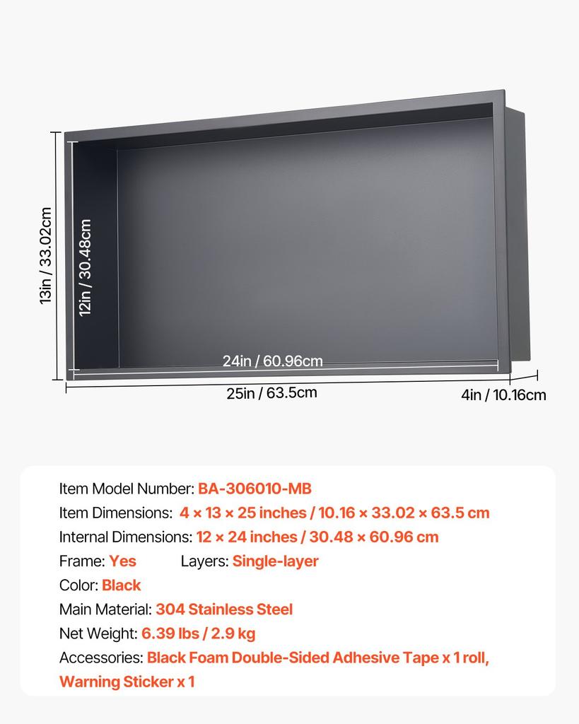 VEVOR Shower Niche, 33.0 x 63.5 x 10.2 cm Recessed Wall Niche, Heavy-duty Stainless Steel Modern Soap & Shampoo Storage Organizer