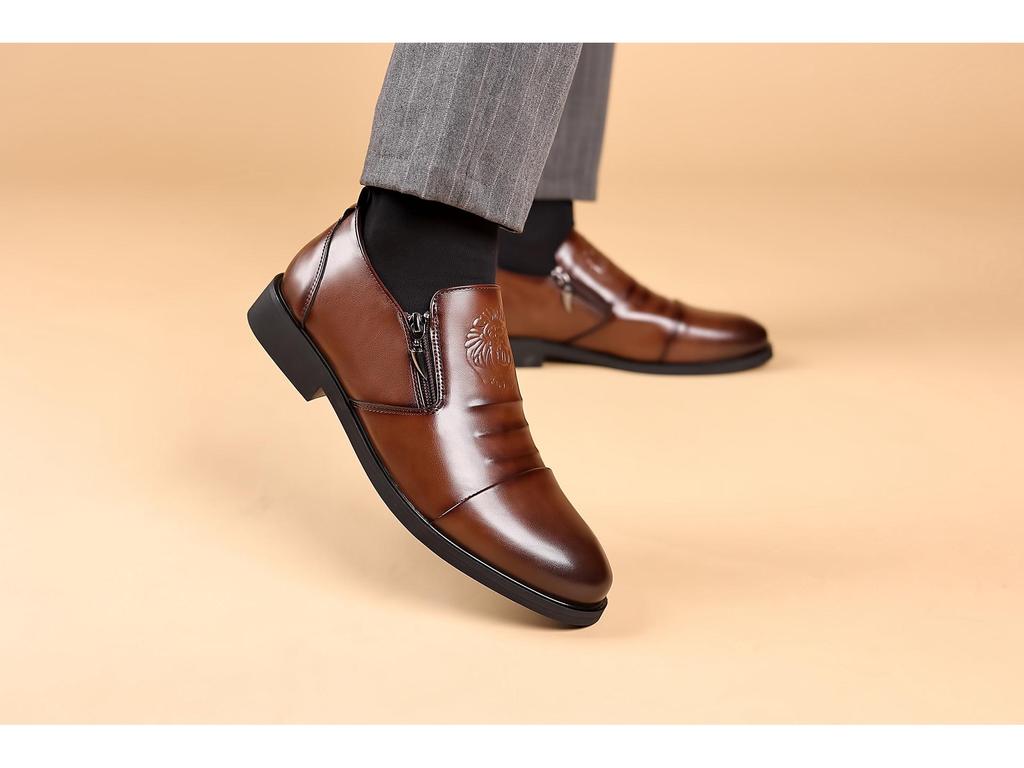 Men's Autumn/Winter Business Casual Leather Shoes with Lion Head Zipper – High & Low Top, Pointed Style