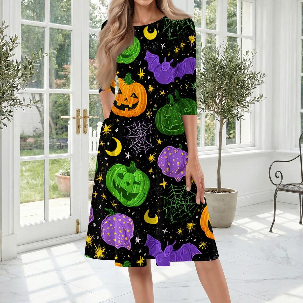 Women's Halloween Print Casual Fashion Round Neck Three Quarter Sleeve Mid Length Dress with Pockets Comfortable Fit