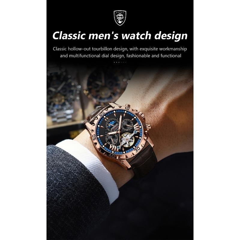 POEDAGAR Luxury Automatic Wristwatch Waterproof Luminous Date Week Leather Men Watch Tourbillon Mechanical Fashion Watches