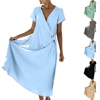 Women's Casual V Neck Loose Fit Short Sleeve Midi Dress Wrap Style Side Tie Waist Lightweight Summer Dress