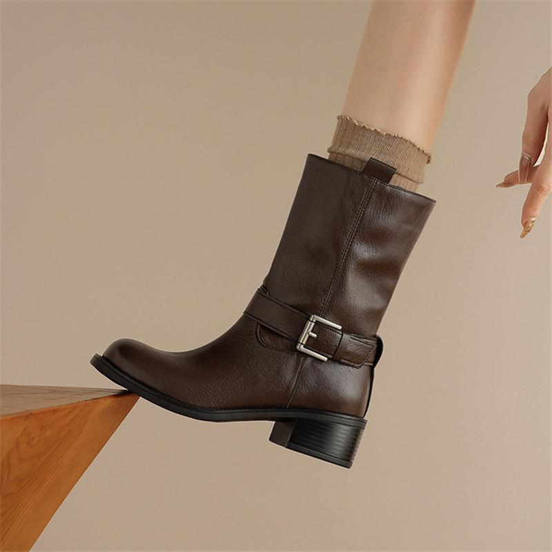 Fashion New Autumn/winter Split Leather Women Boot Round Toe Shoes for Women Fashion Boots Chunky Heels Mid-calf Boots Western Boots