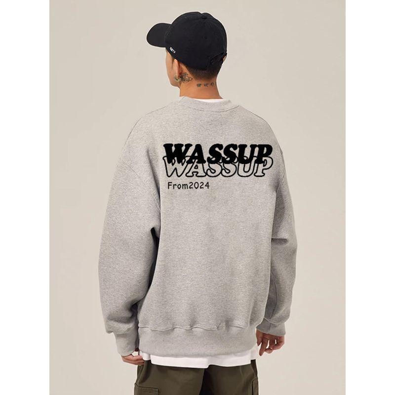 Wassup Trendy Brand Autumn and Winter 2024 New American High Street Retro Round Neck Sweatshirt for Men with Fleece Pullover Top