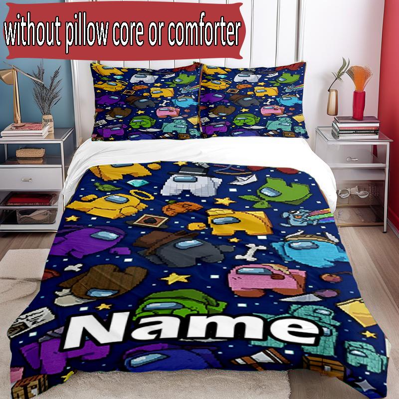 3pcs Duvet Cover Set (1*Duvet Cover + 2*Pillowcase, Without Core), Custom Name Among Us Pattern Bedding Set, Home Bedroom Decor Gift