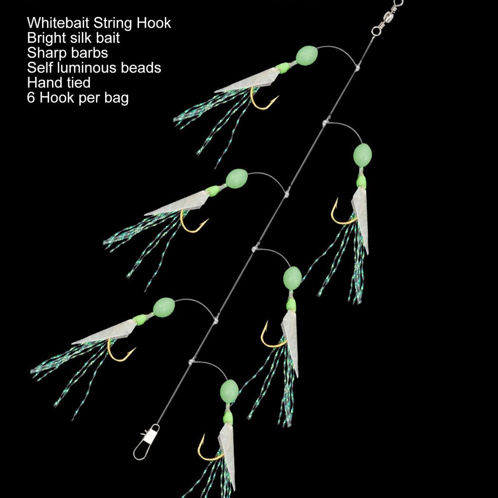 5 Pcs Fish Skin String Hooks with Luminous Beads Feather Fishing Rigs Baits 6 Hooks Saltwater Fishing Lure 8#