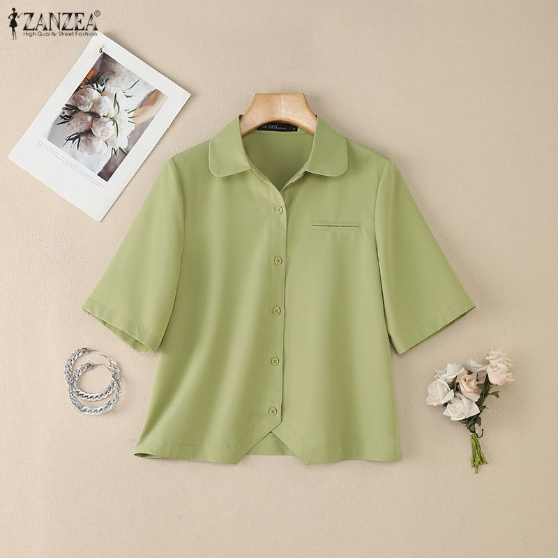 ZANZEA Damen Umlegekragen Locker Lässig Halbarm Bluse