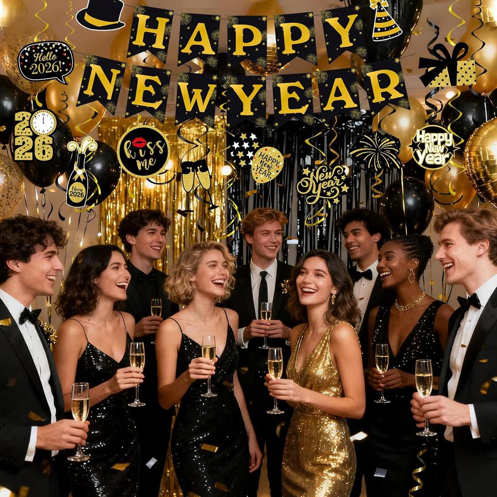 JOJO FLY New Years Eve Party Decorations Kit, Happy New Year Banner, Black and Gold Hanging Swirls for Happy New Year Decorations 2026, NYE