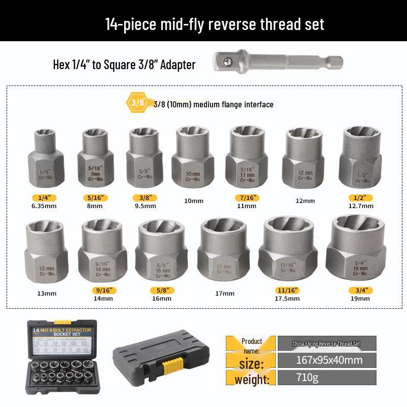 14-Piece Nut Extractor Set: Reverse Thread Socket for Removing Stripped, Anti-Theft, and Damaged Nuts and Screws