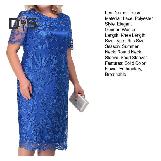 Women Dress Flower Embroidery Double Layers Short Sleeve Round Neck Mid Calf Length Lace Plus Size Elegant Lady Midi Prom Party Dress