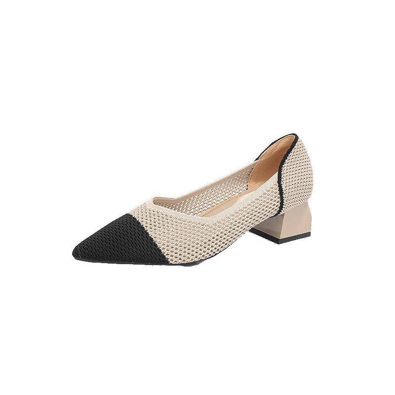 Spring and summer hollow flying knitting breathable knitting women's shoes pointed thick heel medium heel single shoes