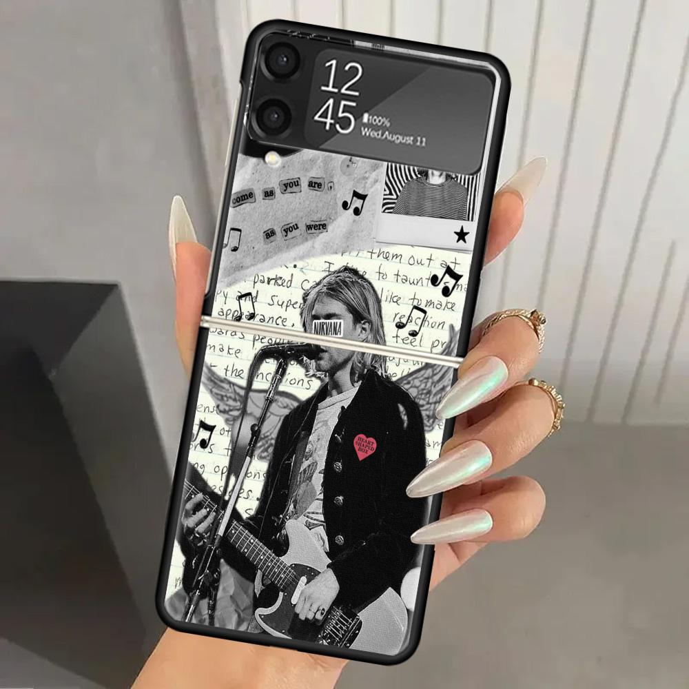 Retro Singer Kurt Cobain Hard PC Phone Case For Samsung Galaxy Z Flip 7 6 5 4 3 Black ZFlip7 ZFlip6 Flip5 Flip4 Flip3 5G Print C