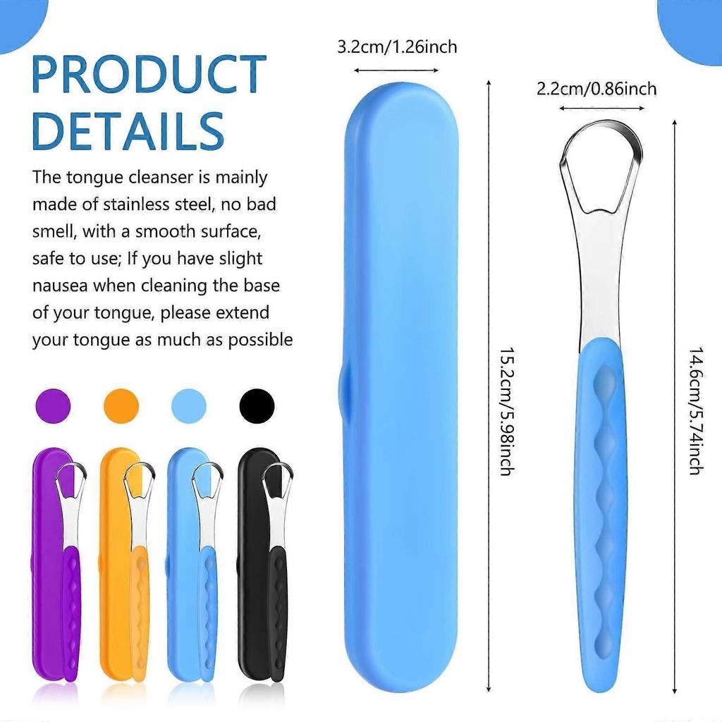 4-Pcs Stainless Steel Tongue Scraper Set w/ Travel Cases – Reduces Bad Breath, Compatible with Adults & Kids – Orange/Black/Green/Blue
