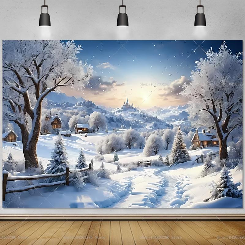 Sfondo Villaggio di Natale Invernale Decorazione per la Casa Sfondo per Studio Fotografico Cittadina Nevosa di Capodanno Sfondo Montagna