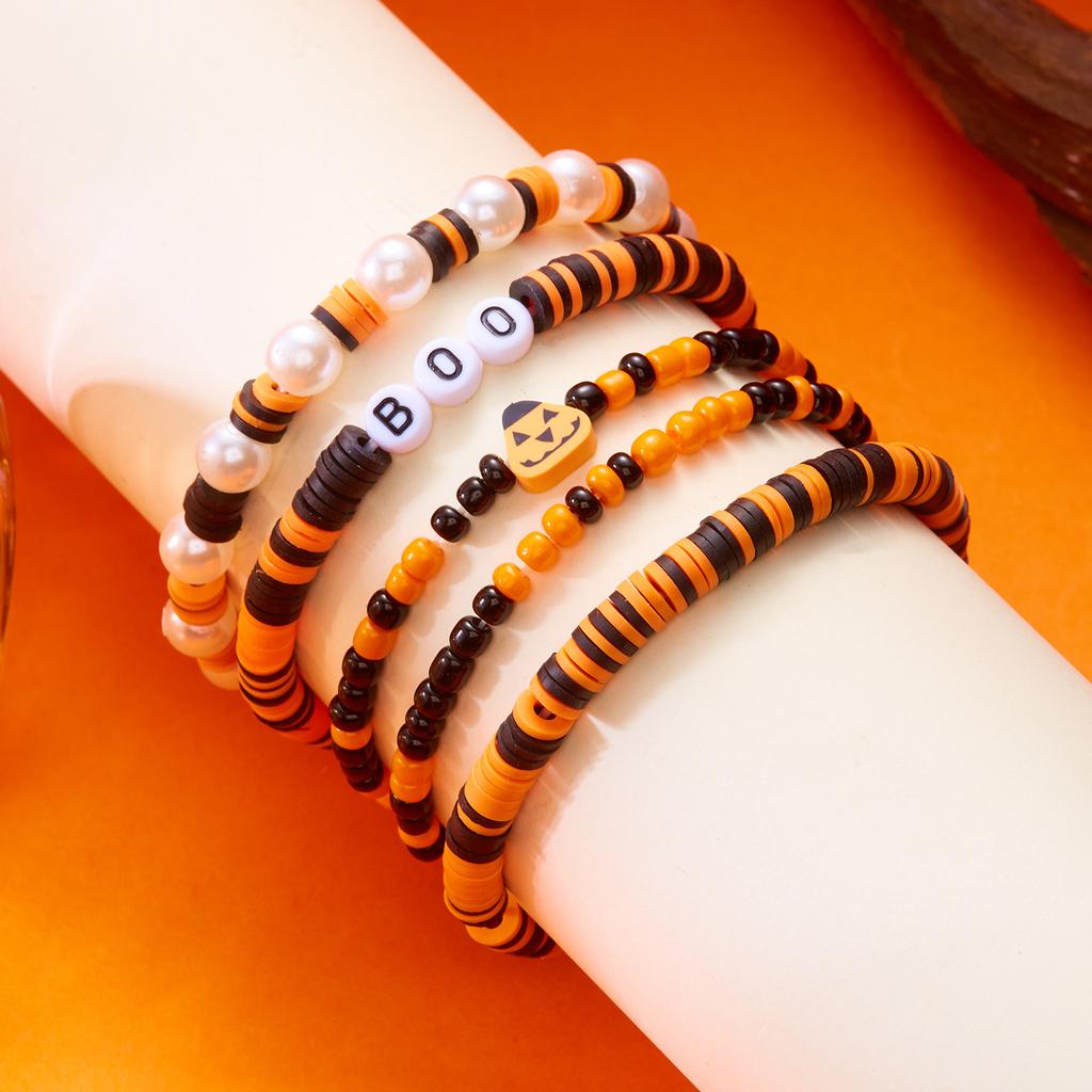 Halloween Gothic Skull Bat Bracelets for Women Handmade Polymer Clay Beaded Pumpkin Pendant Bracelet Party Jewelry Accessories