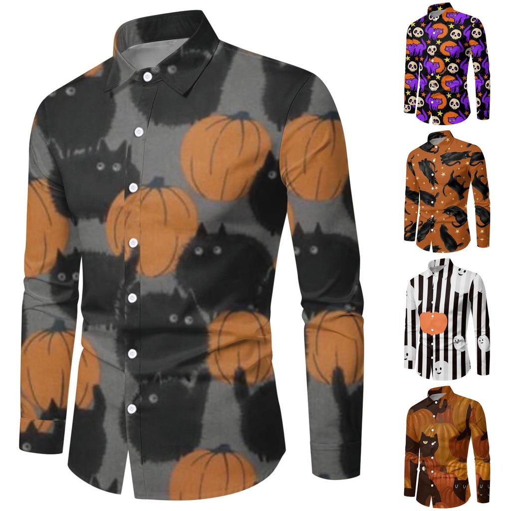 Halloween Pumpkin Grimace Casual Dark Men's Shirt Button Up Shirt Long Sleeve