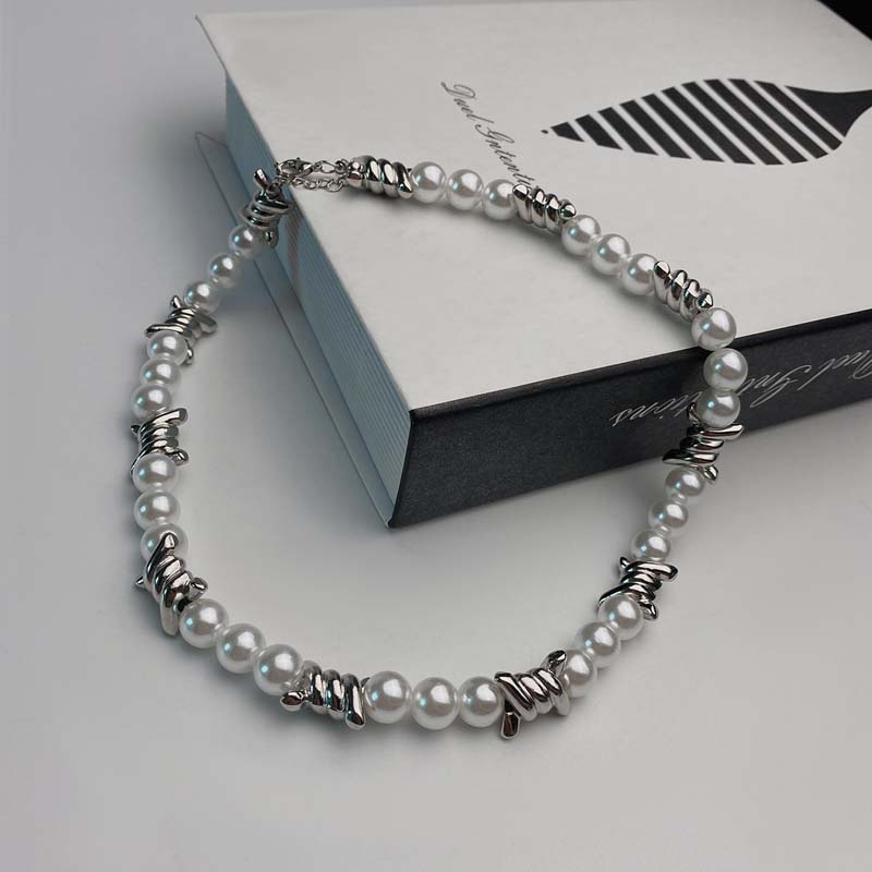 Punk Imitation Pearl Thorns Chain Necklace For Men Women Hip Hop Gothic Metal Barbed Wire Little Thorn Necklace Jewelry Gifts