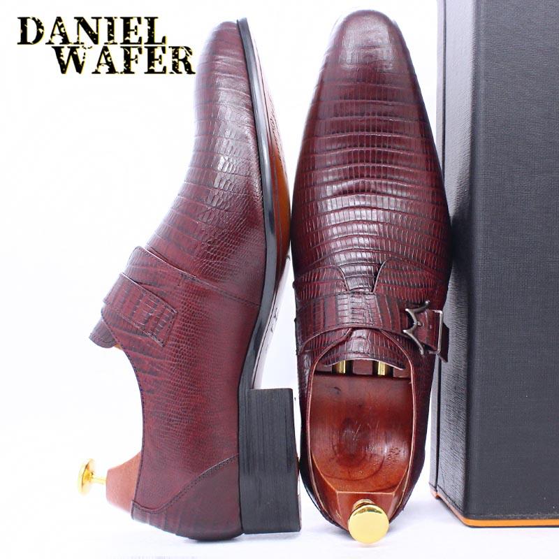 Fashion Luxury Genuine Leather Men's Oxford Shoes Burgundy Black Office Business Dress Loafers with Buckle Pointed Toe for Wedding