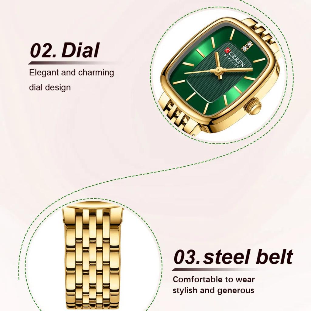 CURREN Mode Quarz Damenuhr Schlicht Elegant Quadratisches Zifferblatt Gold Edelstahlarmband Wasserdicht Freizeit Business Uhren