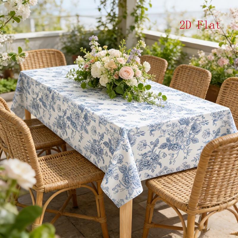 2D Flat 1pc Blue Floral Tablecloth Vintage Rectangular Tablecloth Navy Blue And White Table Decoration Suitable for Spring Weddings, Parties, Tea Part