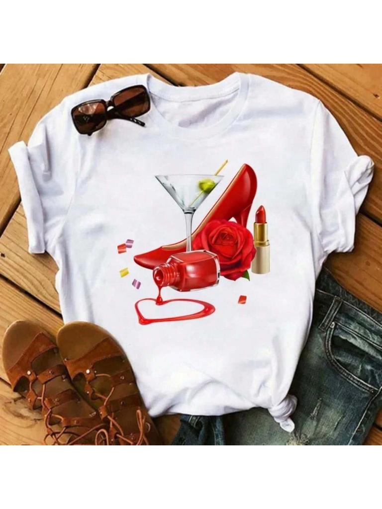 Wine Glass Print Fun Harajuku Wounisex's T-Shirt Short Sleeve Casual Wounisex's Gothic T-Shirt Fashion Short Sleeve