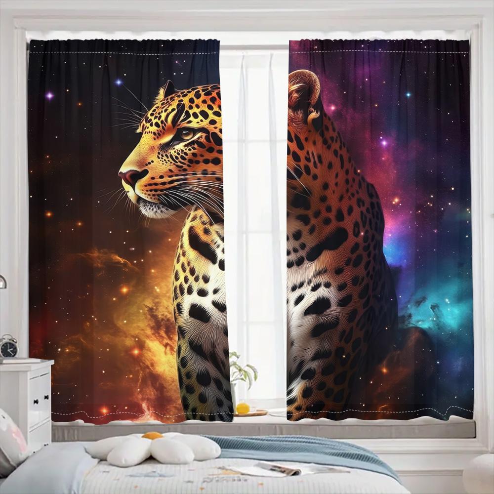 Forest Leopard And Starry Sky Background Curtain, Beautiful, Dreamlike Color, A Set Of Two, Home Bedroom Living Room Curtain.