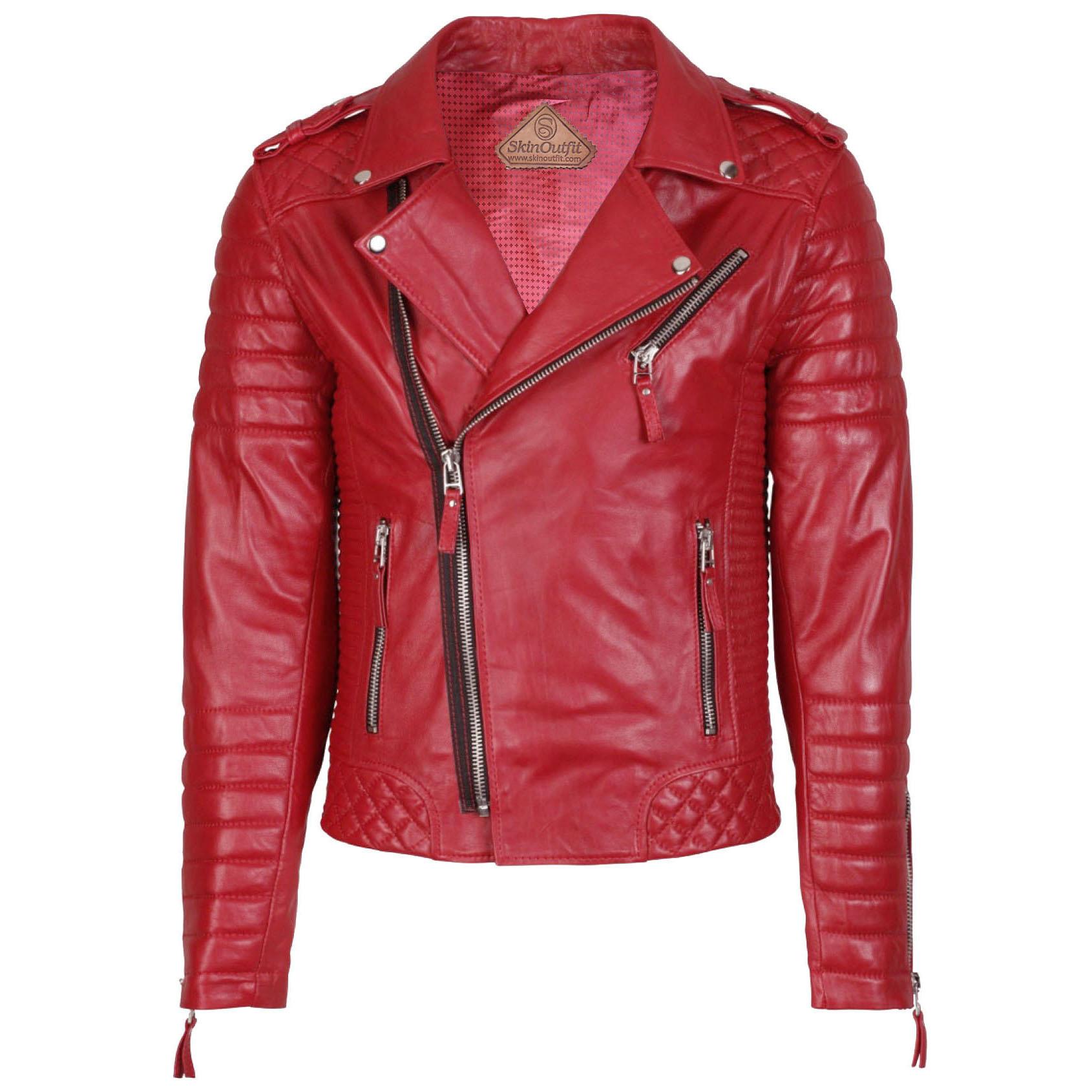 

SKINOUTFIT Men Motorcycle Leather Jacket Genuine Red Lambskin Café Racer Biker Outerwear M червоний