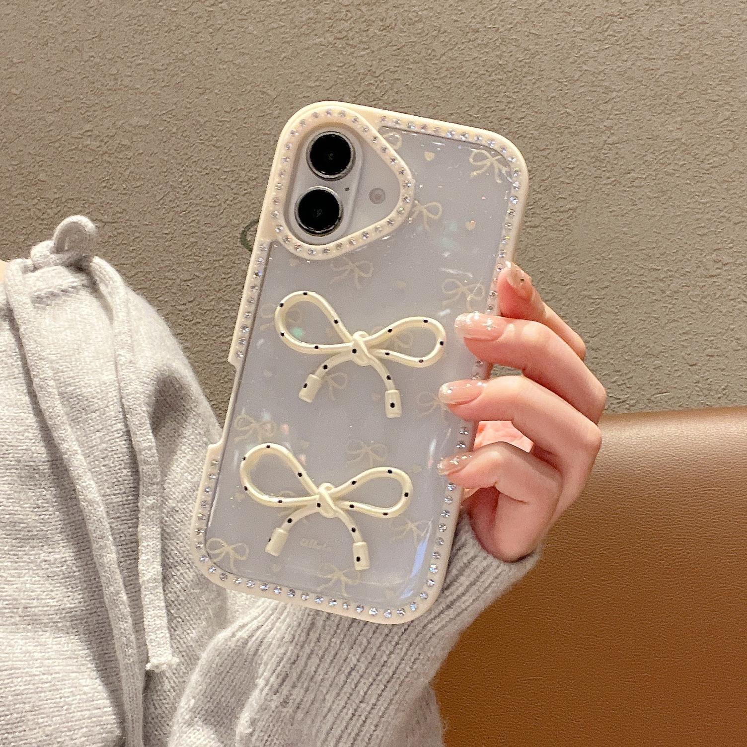 

For iPhone 16 Case Two Bow Epoxy Design TPU+PC Phone Back Cover Rhinestone Decor Pink