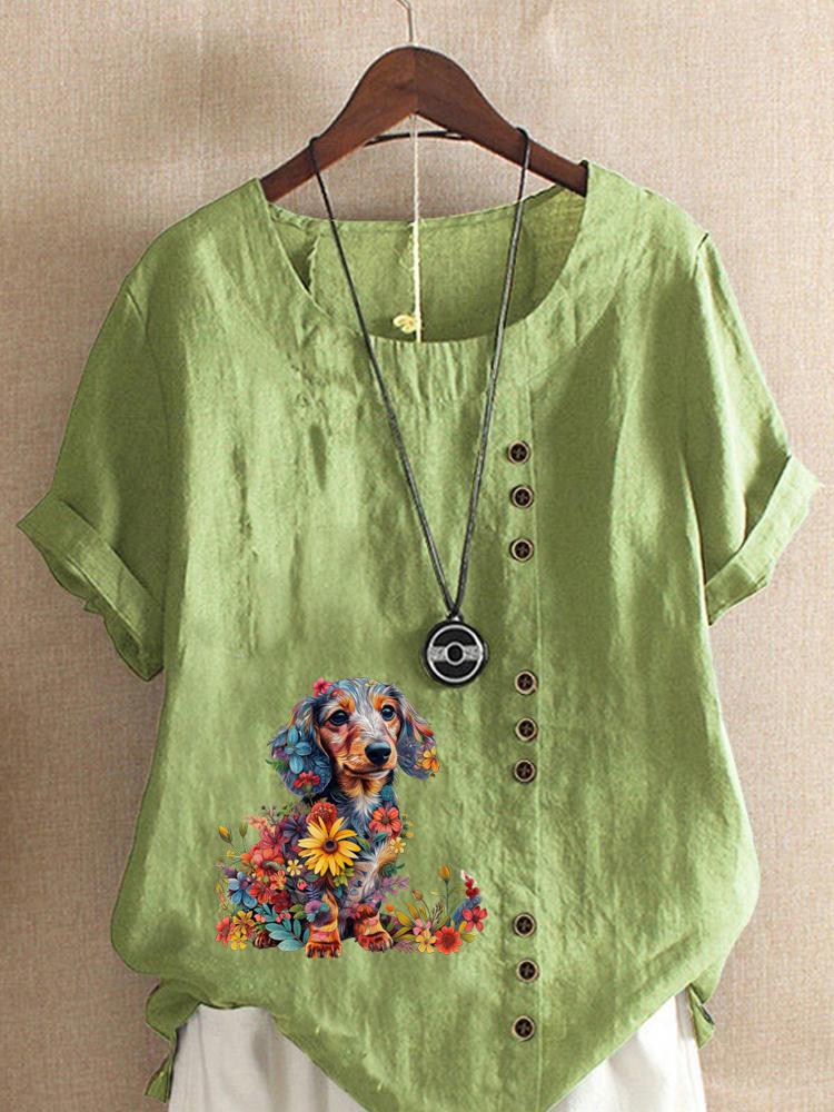 

Women s Fashion Flower Dog Print Shot Sleeve T-shirt Loose Cotton Shirt Casual Loose Summer Blouse Tops Plus Size 5XL зелений