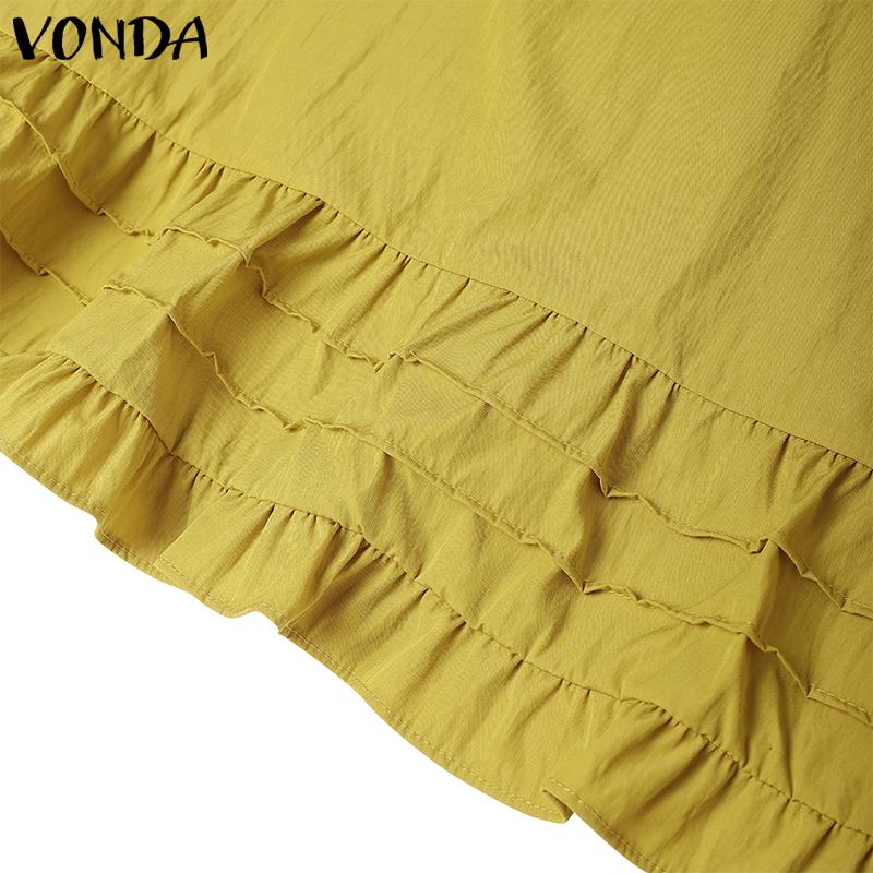 VONDA Women Casual Ruffled Round Neck Summer Short Puff Sleeve Pleating Blouse