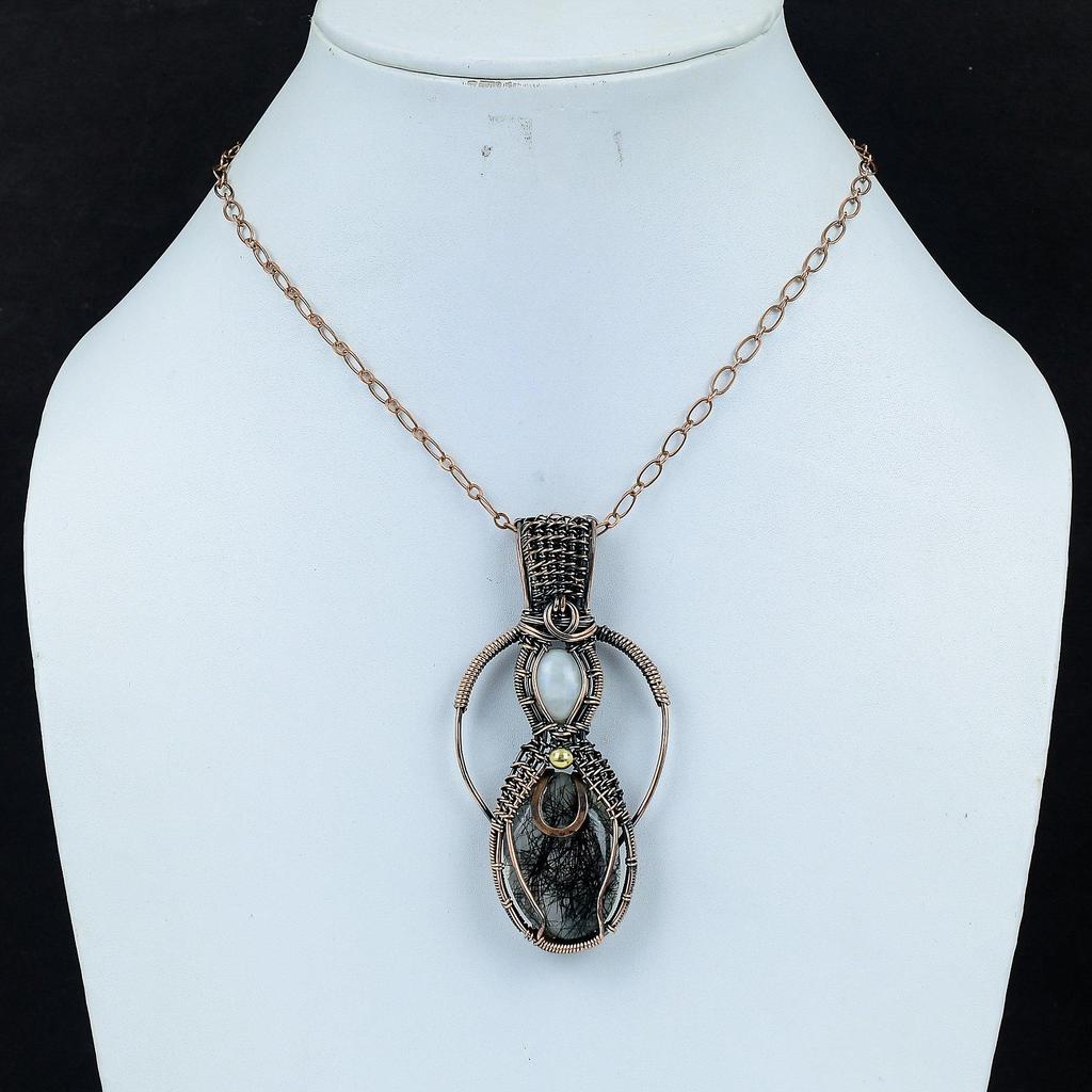 Faceted Black Rutile Gemstone Pendant Copper Wire Wrapped Pendant Rainbow Moonstone Pendant Gifts For Mother Copper Jewelry Handmade Pendant