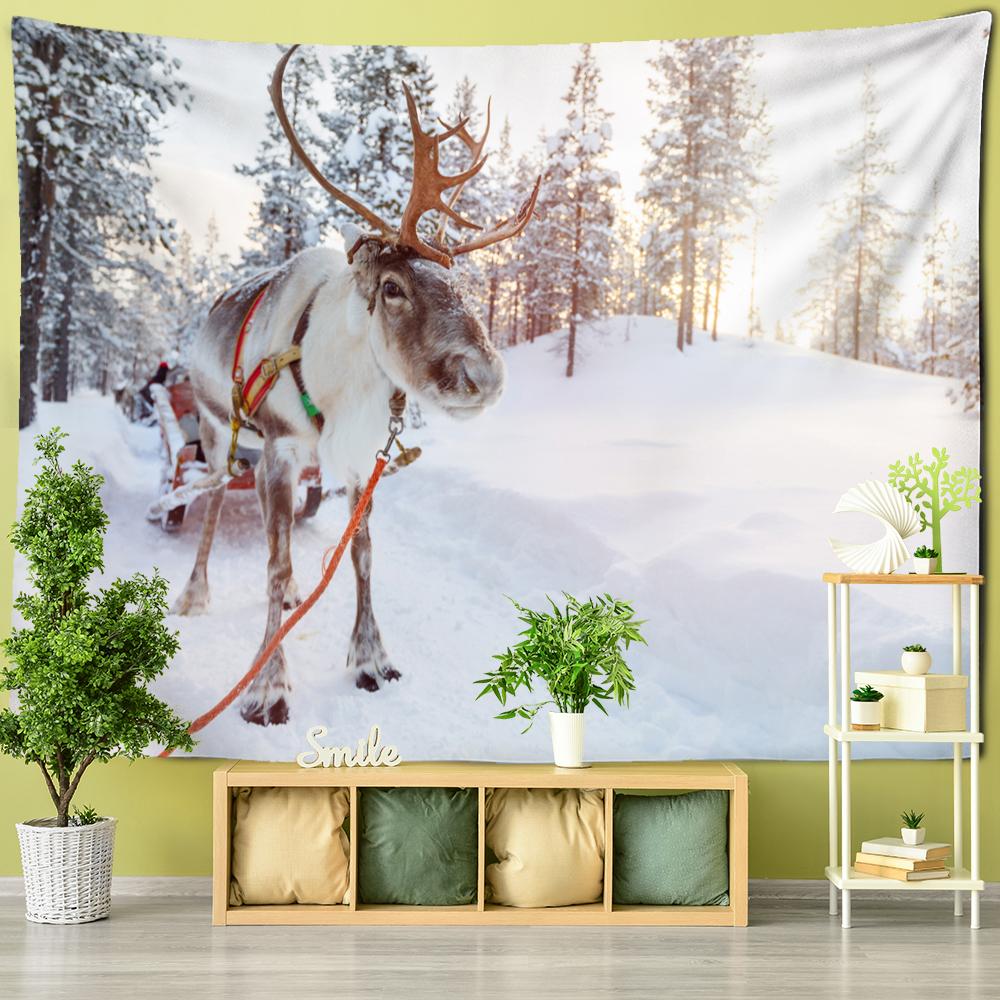 Älg Snöscen Tapestry Väggbonad Julserie Psykedelisk Häxkonst Högtidsgåvor Böhmen Heminredning