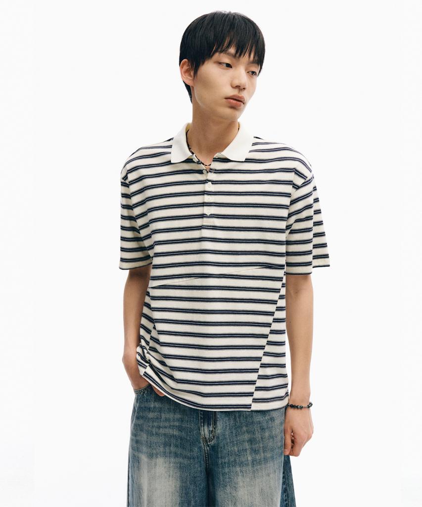 INTEMPOMOOD Glitch Stripe Collar T-Shirt_Ivory