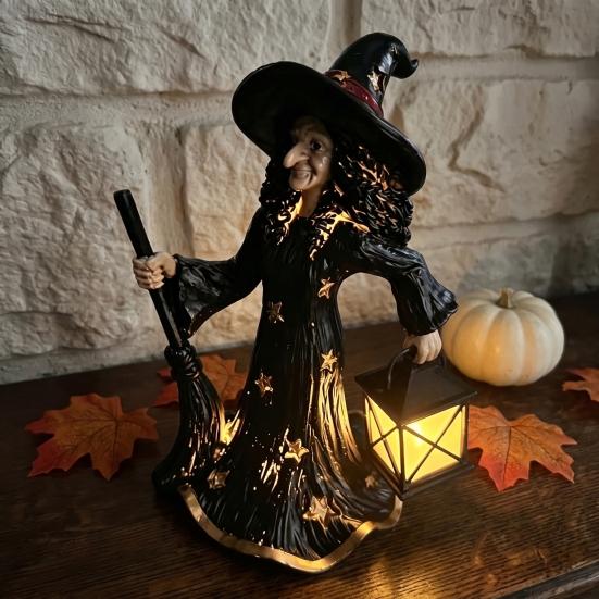 Halloween Home Decor 2Pcs Witch Night Lamp, Holding Lantern Figurine with Gothic Sculpture LED, Glowing Resin Statue for Tabletop Led Lighted
