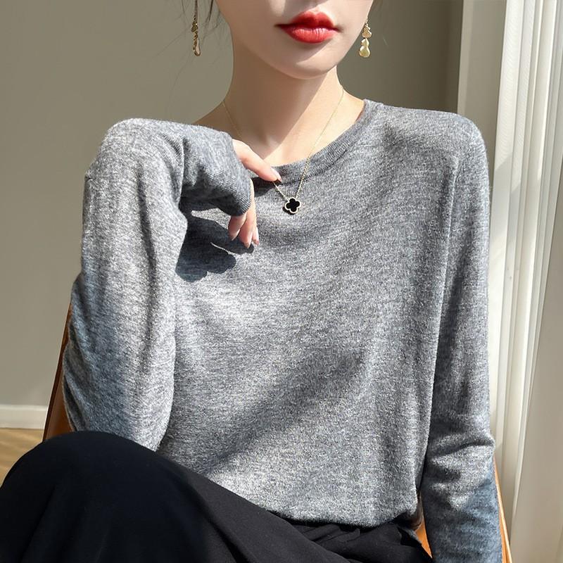 2026 Fall Thin Wool Blend Knit Sweater Round Neck Long Sleeve Loose Slim Fit Basic Top Women