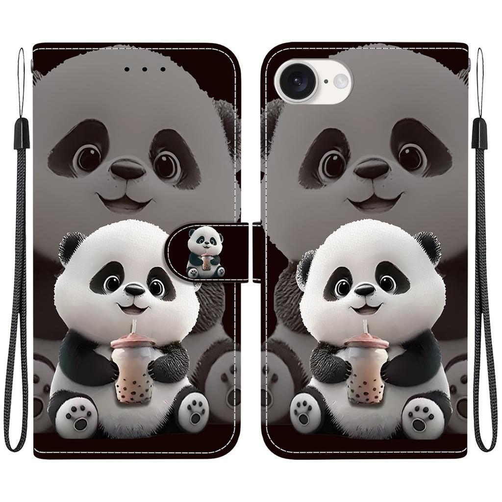 For iPhone 16e Leather Case Stand Wallet Pattern Printing Phone Cover with Wrist Strap