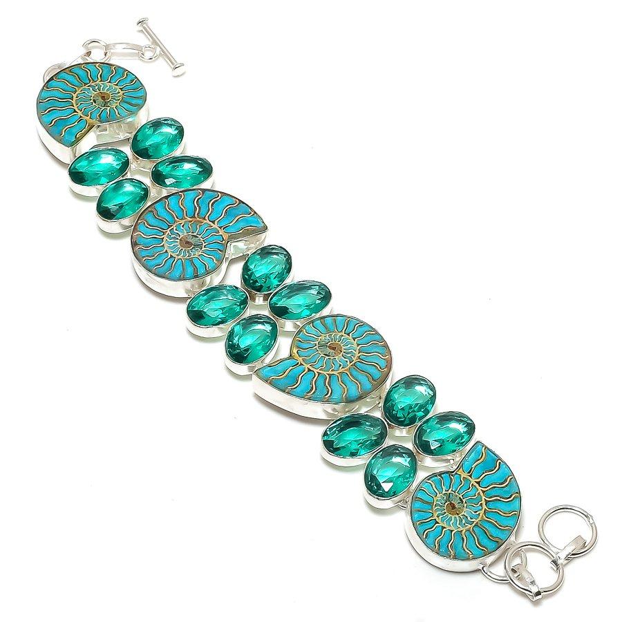 

Ископаемый аммонит, драгоценный камень турмалин, браслет из стерлингового серебра 925 пробы 7-8