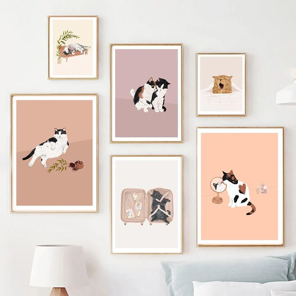 Modern Cat Drink Wine Pizza Poster Wall Painting Funny Animal Canvas Print Poster Nordic Wall Art Pictures For Living Room Decor No Frame