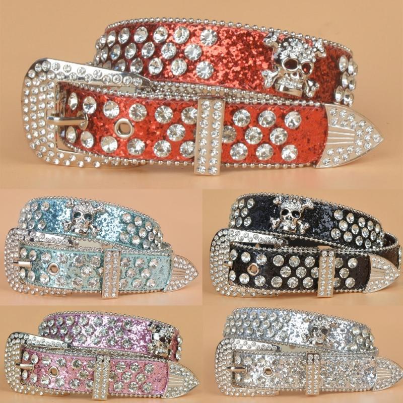 Steampunk Rhinestone Belt Women Waist Belt Western Cowgirl Skull Studded PU Leather Belt for Teenager Girl Female Male