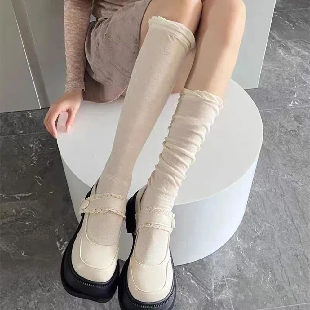 1 Pair Sweet Solid Color Thigh High Stockings Thin Breathable JK Socks Loose Bubble Toe Design Ballet Hosiery for Women