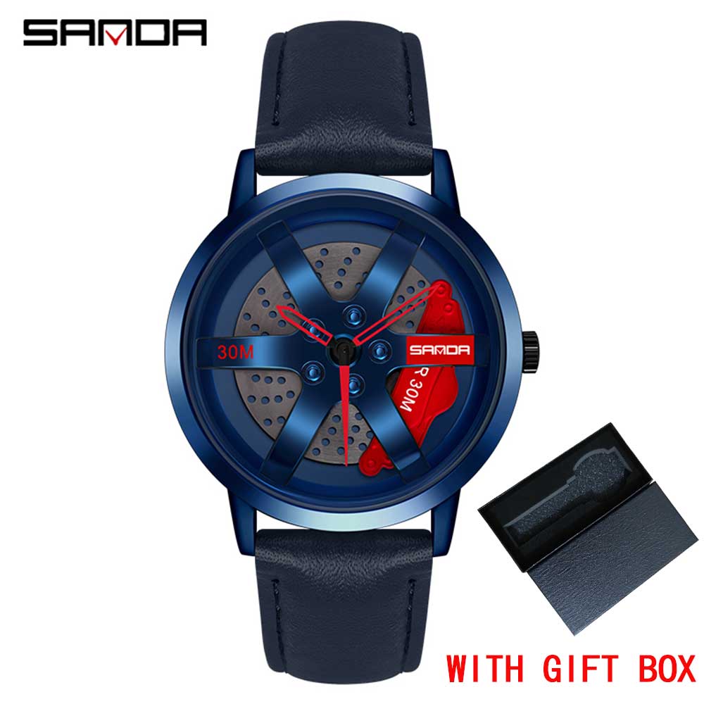 Regarder SANDA Mens Watch Rim Hub Watch Wheel Wristwatch Clock Sport Car Creative 360° Spinning Men Wrist Watch Reloj de hombre