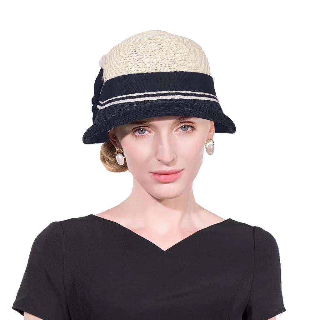 Women Sun Straw Hat Cloche Derby Hat1920s Vintage Bucket Hat with Bow Accent Foldable Packable for Beach Vacation