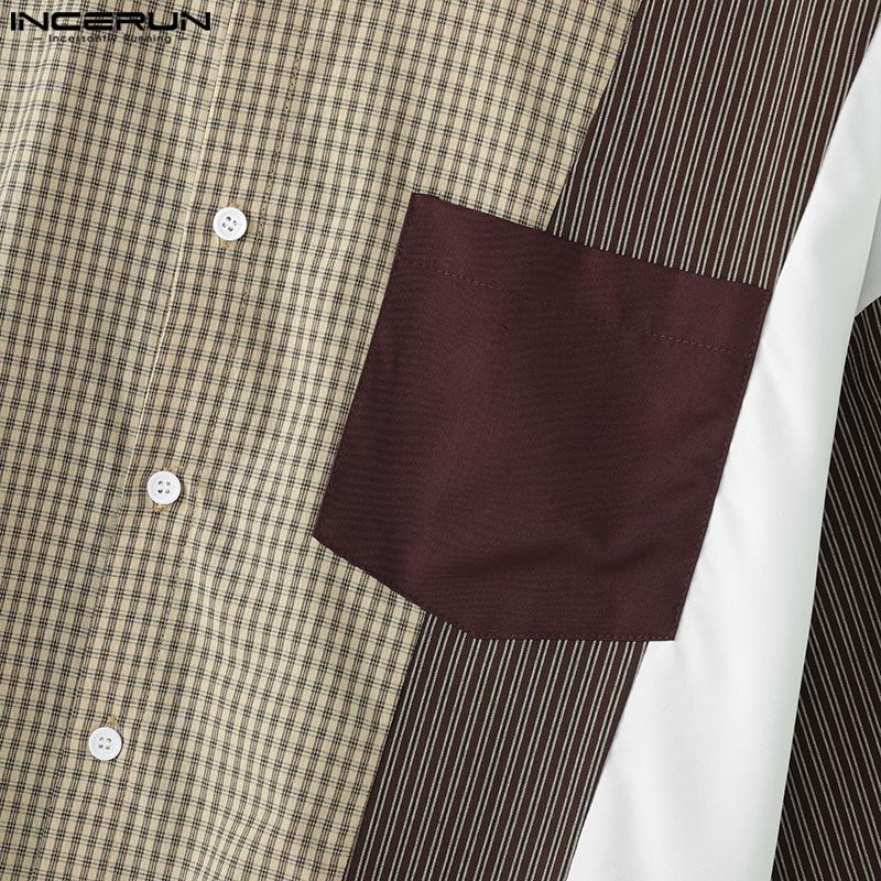 INCERUN Oversized Men Lapel Neck Short Sleeve Buttons Patchwork Casual Loose Shirts