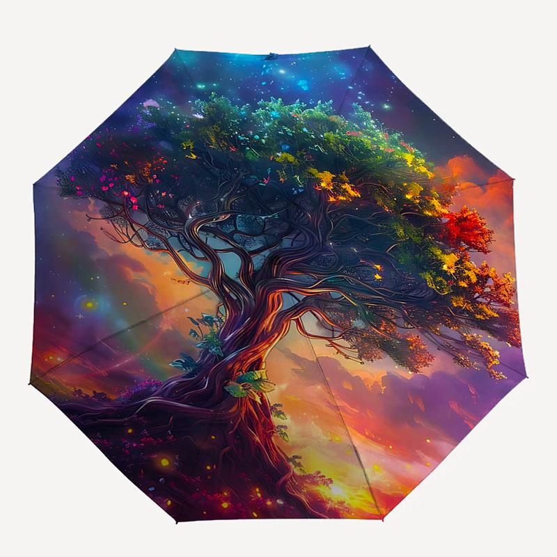 1 Stück Bunter Fantasiebaum Automatischer Faltregenschirm, Tragbares 3-fach faltbares Design mit 8-Speichen-Eisenrahmen für den Außenbereich, Perfektes Festivalgeschenk für Fans, T