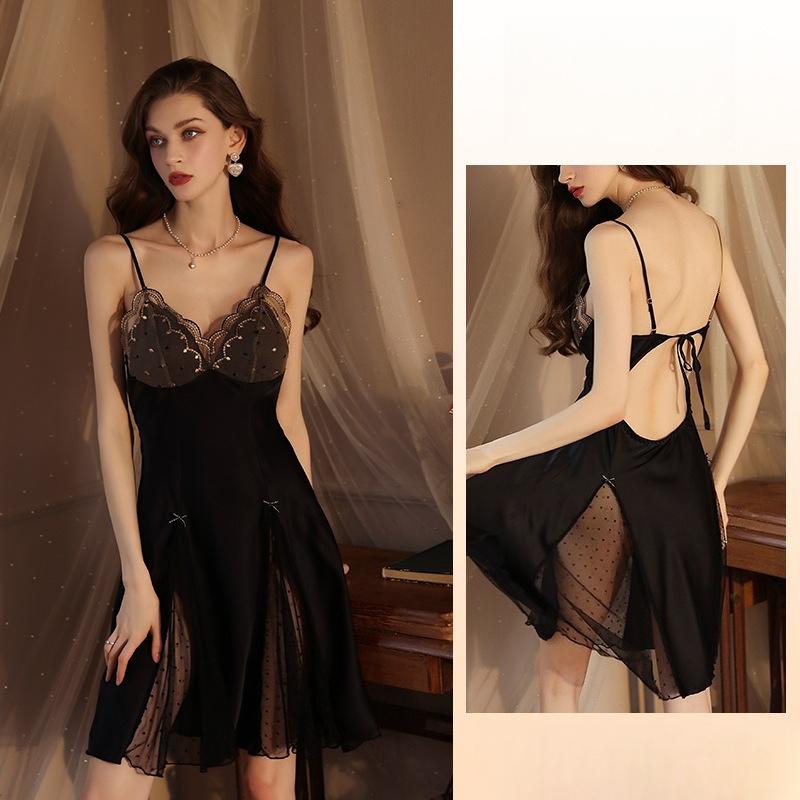 Sexy Ice Silk Satin Nightgown Built-in Bra Lace Cami Loungewear 427 (Can Be Worn Outside) Practical Stylish Sleepwear Suitable for Lounging Errands