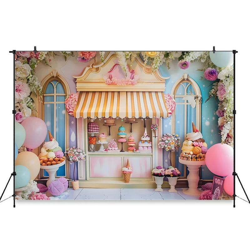 Ice Cream Backdrop For Photography Cake Crush Dessert Shop Balloon Flower Background Wedding Birthday Party Decoration Backdrops
