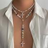 Elegant Imitation Pearl Y-shape Necklace for Women Beaded Long Tassels Cross Pendant Choker Neck Zircon Y2K Accessories Gifts