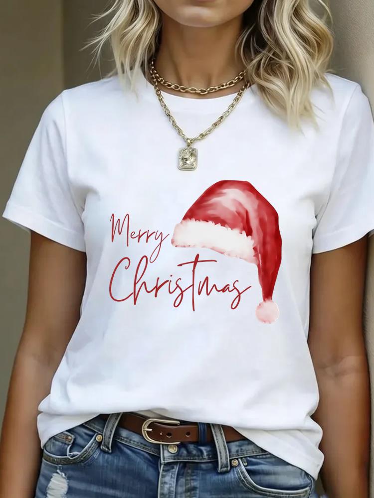 (Asian Size) Lovely Style Cute Merry Christmas Women's Top Short Sleeve T-shirts O-neck T Shirt Print Fashion Casual New Year Clothing Graphic Tee